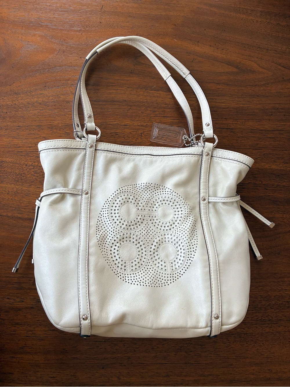 Coach Audrey Metallic Pearlized White Laser Cut Op Art Plaza Leather Tote Bag